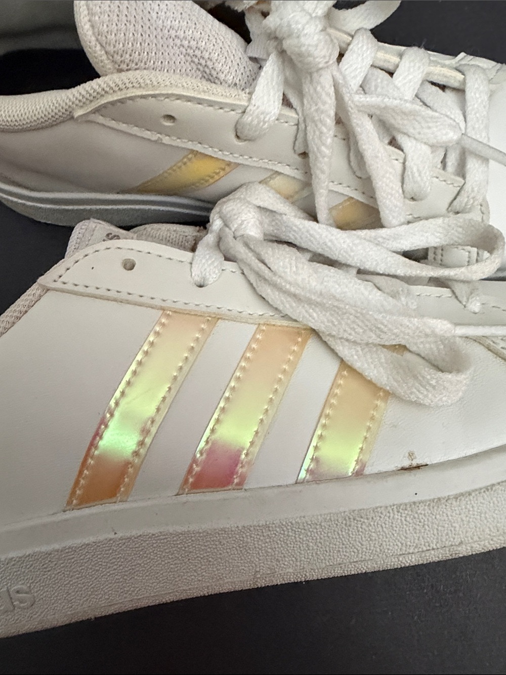 adidas White Sneakers with Iridescent Yellow Accent Stripes - Picture 7 of 7